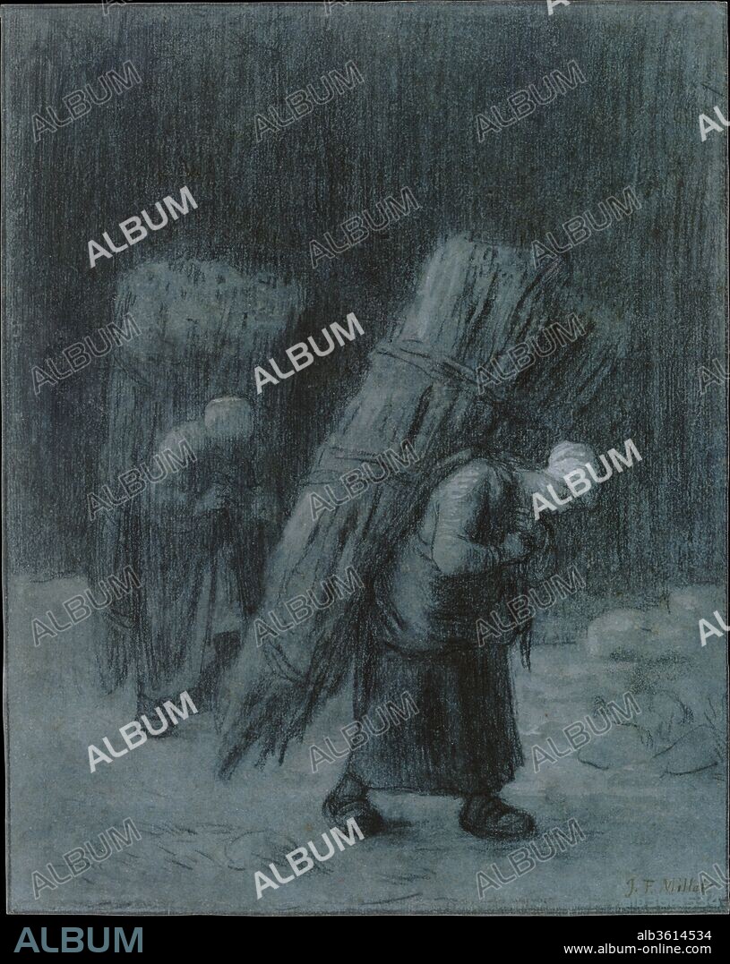 JEAN FRANÇOIS MILLET. Women Carrying Faggots. Artist: Jean-François Millet (French, Gruchy 1814-1875 Barbizon). Dimensions: 13 1/2 x 10 7/8 in.  (34.3 x 27.6 cm). Date: ca. 1858.
This extraordinary drawing in charcoal and gouache was once in the collection of the Dutch landscape painter Hendrick Mesdag (1831-1915), a collector of French artists of the Barbizon School.  Millet was fascinated by the sight of peasants gathering, cutting, binding, and carrying faggots in the forest of Fontainebleau, his native landscape for much of his life.  The Lehman sheet may relate to a painting of the same title now in the Hermitage, Saint Petersburg.