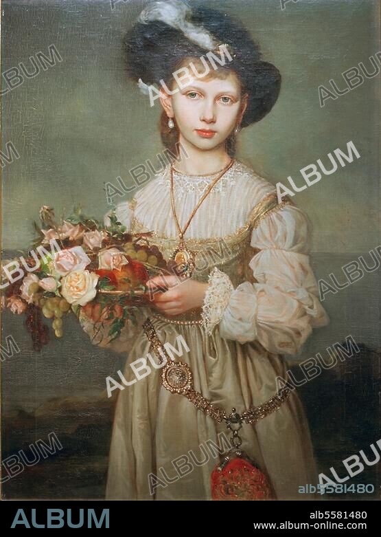 VICTORIA DE SAJONIA-COBURGO-GOTHA. Victoria, Princess of Prussia, after marriage, Princess (Adolf) of Schaumburg Lippe; Potsdam 12 April 1866 - Bonn 13. November 1929. / - Portrait in Renaissance dress. Painting, 1878, by her mother, Crown Princess Victoria, later Empress Frederick (1840-1901). Oil on canvas, 105 × 77.5 cm. Hessische Hausstiftung, Friedrichshof Castle.