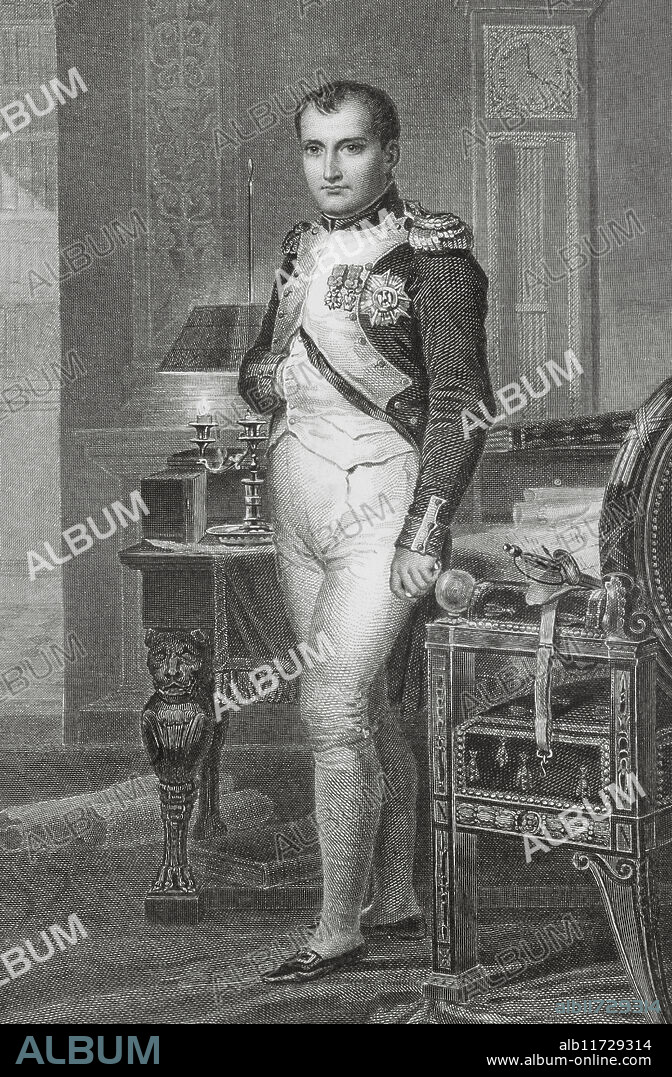 PHILIPPE JOSEPH AUGUSTIN VALLOT (1796-1870). FRENCH ENGRAVER.. Napoleón I Bonaparte (1769-1821). Cónsul Vitalicio (1802) y Emperador de los franceses (1804-1815). Grabado por Vallot a partir de un retrato por Jacques-Louis David. "Histoire du Consulat et de l'Empire" (Historia del Consulado y del Imperio), por A. Thiers. Tomo V. Publicado en París, 1845.