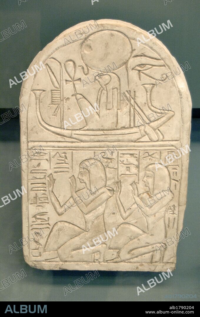 Stela of Wennekhu. In the upper register, the god Ra depicted in the solar boat with the falcon-headed. In the lower register, the workman Wennekhu and his son Penpakhenty kneeling adorating Ra.1250 BC. 19th Dynasty. New Kingdom. Limestone. Probably from Deir el-Medina. British Museum. London. United Kingdom.