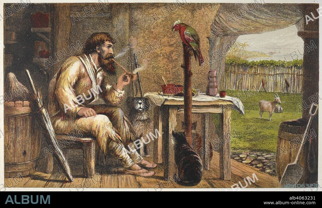 DANIEL DEFOE. Robinson Crusoe in his stockade home on the island. Robinson Crusoe. London ; Frederick Warne & Co. ; Scribner, Welford, & Armstrong: New York, [1872] Kronheim & Co. [Printers]. Source: 12805.l.45.(6) page 3.