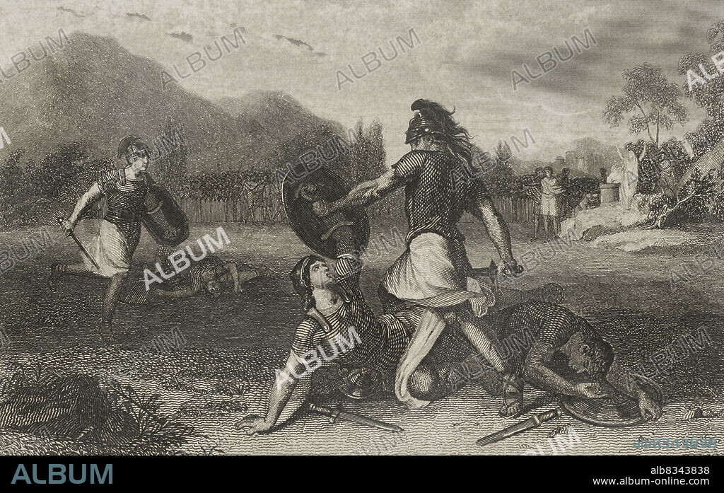 Fight between the Horatii and the Curiatii. Engraving. "Historia Universal", by César Cantú. Volume I, 1854.
