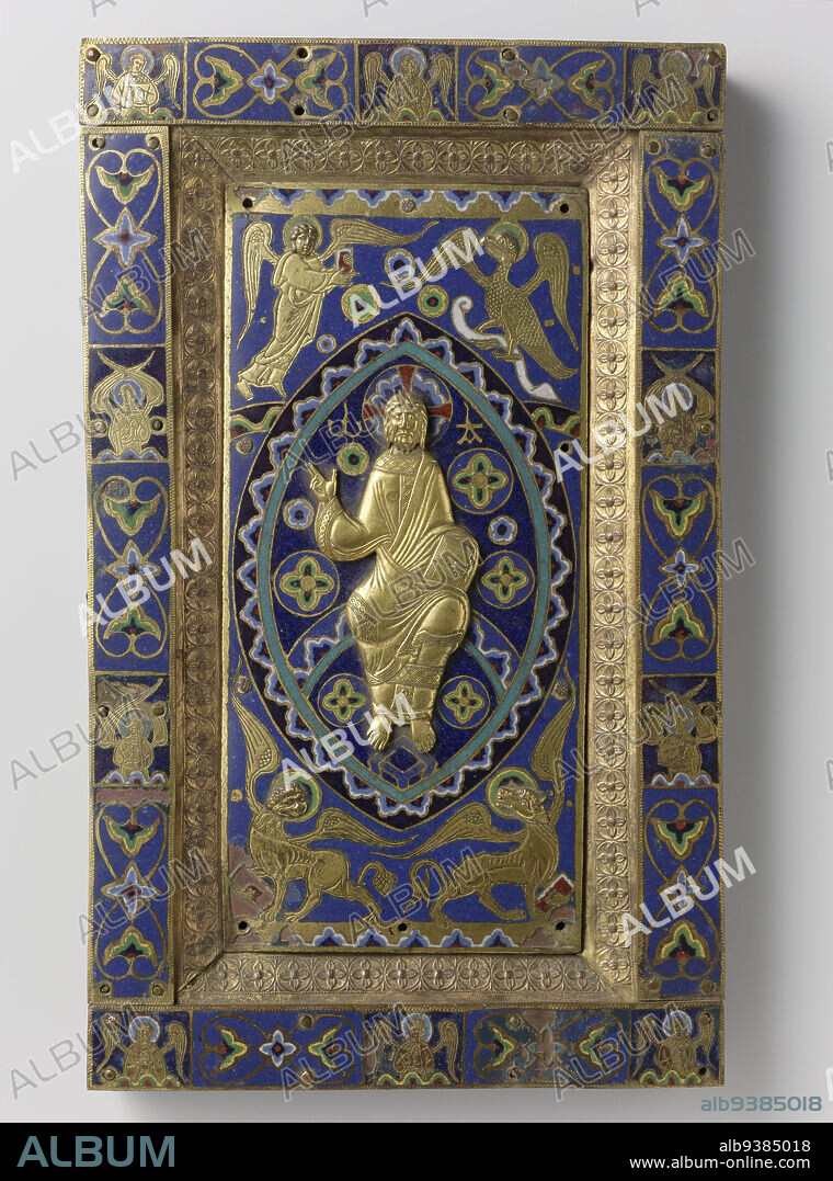 Back cover of an Evangeliary with a Salvator mundi (Blessing Christ), Back cover of a gospel book decorated with the blessing Christ, Back cover of a gospel book of gilt copper and enamel champlevé. In the center field, on blue ground with scattered stars in a mandorla, the blessing Christ is depicted in relief; in the corners, the four Evangelists' syllables; on the edge, alternating semi-figures of angels and tendrils, on a blue ground of émail, anonymous, Limoges, c. 1200 - c. 1250, copper (metal), gilding, height 32.1 cm × width 19.7 cm × thickness 2.8 cm.