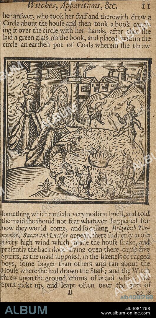 NATHANIEL CROUCH. A man casting a spell to conjure up demons. The Kingdom of Darkness: or, the History of dÃ¦mons, specters, witches, apparitions, possessions, disturbances, and other ... supernatural delusions ... and malicious impostures of the Devil ... Collected from authentick records ... With pictures of several memorable accidents. London : Printed for Nath. Crouch, 1688. Source: C.118.b.3. Language: English.