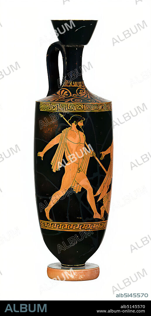 Achilles painter, lekythos (love persecution), clay, quickly turned, painted (ceramic), alternately fired, clay, total: height: 37.9 cm; muzzle diameter: 6.9 cm; base diameter: 7.7 cm, inscription: under base of vessel: III, Ceramics, History of Jupiter (Zeus), High Classical (Greek antiquity), lekyths served as vessels for anointing oil and perfume; while the term was used more broadly in antiquity, archaeology today refers mainly to vessels of this form as lekyths. The picture of the Attic-red lekythos, created around 450 BC, shows the father of the gods Zeus pursuing love. The naked Zeus, running fast, only pressing off with the ball of his right foot, follows a young woman's quick step. He has only thrown a coat over his shoulders, which has already slipped down his left arm. He holds his scepter in his left hand; it seems to already touch the fleeing woman. The woman, dressed in a long chiton and a sloping coat, looks back at her pursuer. She has put her right arm back, almost in an encouraging gesture, may God follow her. The left arm is bent, forefinger and thumb are joined, similar to a gesture of young women holding flowers. She wears a tiara in her hair, so that a nymph can probably be recognized in her. At the bottom there is a circumferential simple key meander, at the top the figures are completed by a cross plate meander. The shoulder is decorated with a palmette ornament and an egg stick. The Achilles painter is one of the most important vase painters of his time, who, in addition to his red-figured ½uvre, is particularly distinguished by his white-ground lekyths.