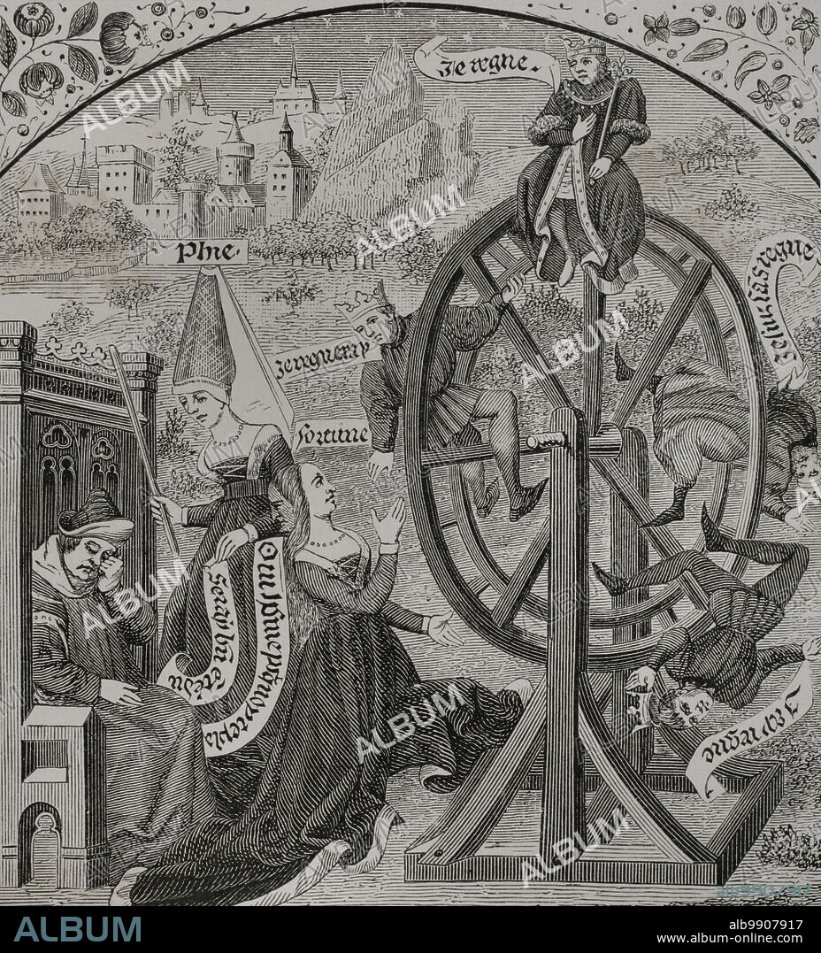 La Rueda de la Fortuna. Grabado por Maradan a partir de una miniatura de "Consolatio Philosophiae" de Boecio, publicada en el siglo XVI. Sciences & Lettres au Moyen Age et à l'époque de la Renaissance. París, 1877.