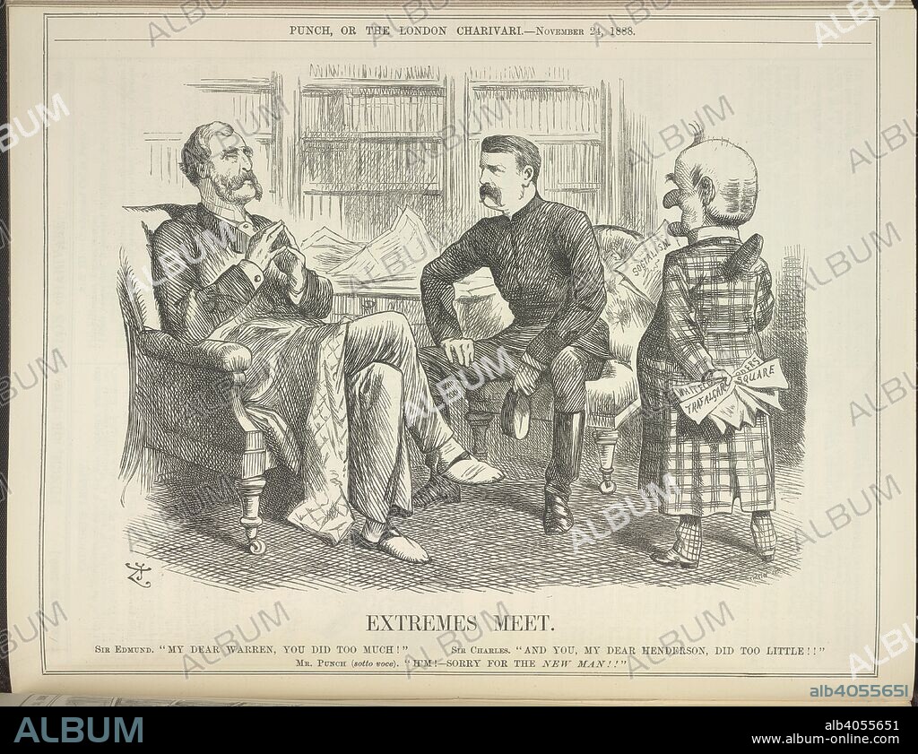 Extremes meet. Punch, or the London Charivari. London, November 24, 1888. Conversation between Sir Edmund Henderson and Sir Charles Warren. The third figure holds papers with the words 'Whitechapel Murders' and 'Trafalgar Square' written on them.  Image taken from Punch, or the London Charivari.  Originally published/produced in London, November 24, 1888. . Source: P.P.5270.ah, 247.