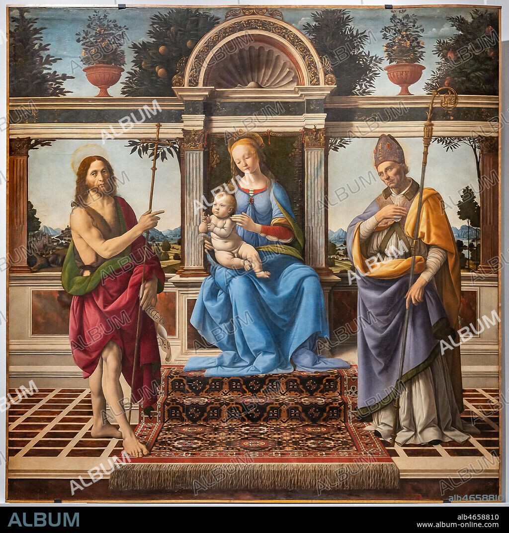 "Madonna and Child between St. John the Baptist and St. Donatus of Arezzo (Madonna di Piazza)", by Andrea Del Verrocchio (1435-1488) and Lorenzo di Credi, oil painting on panel.