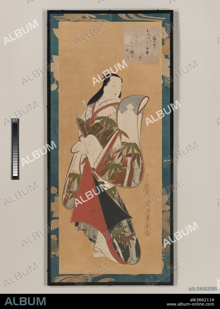 Standing Courtesan. Artist: Kaigetsudo Ando (Japanese, ca. 1671-1743). Culture: Japan. Dimensions: Image: 40 15/16 × 16 5/8 in. (104 × 42.2 cm)
Overall with mounting: 44 7/8 × 20 1/2 in. (114 × 52 cm). Date: early 18th century.
A courtesan, statuesque and regal in pose, has paused her procession to glance back, perhaps to acknowledge an admirer. Kaigetsudo Ando was the founder of a studio of artists that produced woodblock prints and paintings of the high-ranking women of the demimonde. Here a poem card (shikishi) is inscribed with a poem attributed to Sarumaru Dayu (active late 8th century) that was made famous through its inclusion in One Hundred Poems by One Hundred Poets (Hyakunin isshu): 
Oku yama ni 
momiji fumi-wake 
naku shika no 
koe kiku toki zo 
aki wa kanashiki 

Deep in the mountains,
traipsing through leaves,
a deer cries for its mate--
when I hear that sound,
it's autumn at its saddest.
--Trans. John T. Carpenter.