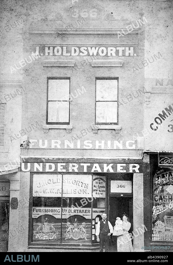 Negative - Carlton, Victoria, 1888, Negative of Josiah Holdsworth and his family outside the premises of J. Holdsworth & E. W. Allison, Furnishing Undertaker, 366 Lygon Street, Carlton.