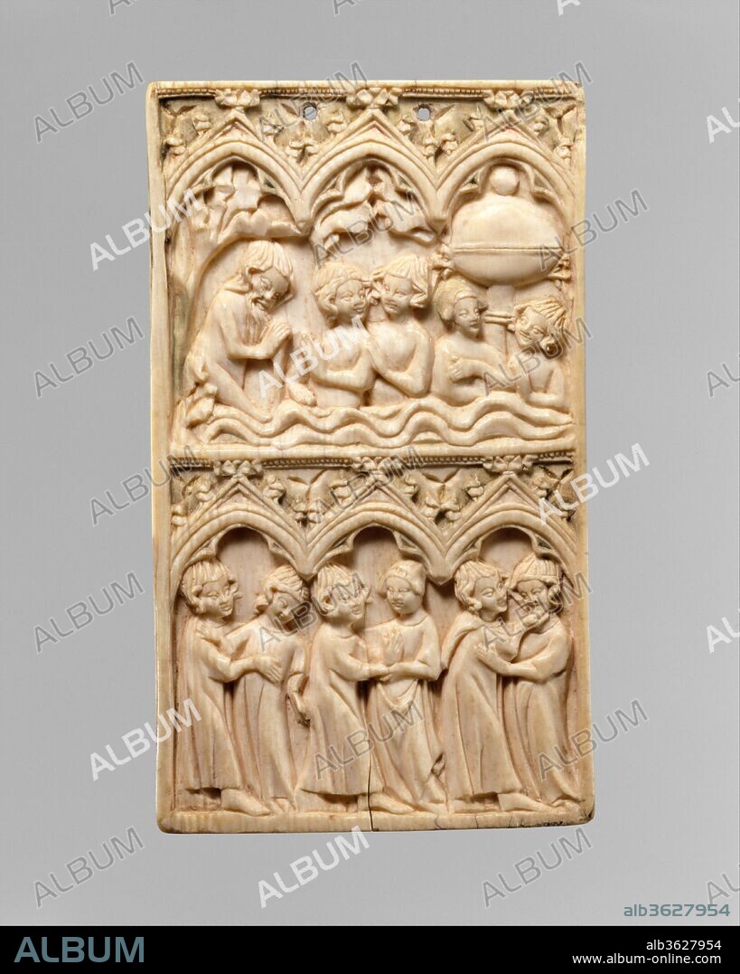 Plaque with the Fountain of Youth. Culture: French. Dimensions: Overall: 4 7/16 x 2 5/8 x 3/16 in. (11.2 x 6.6 x 0.4 cm). Date: ca. 1320-40.
The lower scene depicts three episodes in the progress of an amorous relationship. Beneath trefoil arches a woman recoils from the advances of her lover at the left; she has a more tentative response in the center; and on the right she embraces him as he chucks her chin. Above, under an identical arcade, is the fountain of youth, an image rarely represented in art during this period but known from romance literature. At the left, a bearded, old man with a walking stick enters the raised fountain's flowing waters, which are already inhabited by two smiling, youthful couples.
In addition to devotional statuettes, diptychs, and triptychs, which survive in large numbers, Parisian ivory carvers supplied their clients with combs, boxes, mirror cases, and other objects frequently decorated with secular themes. This plaque was undoubtedly made to be the cover of a set of wax writing tablets. The ivory leaves would have been held together by a cord passed through the two holes that can be seen at the top. Small traces of paint indicate that this ivory was probably originally partially polychromed.