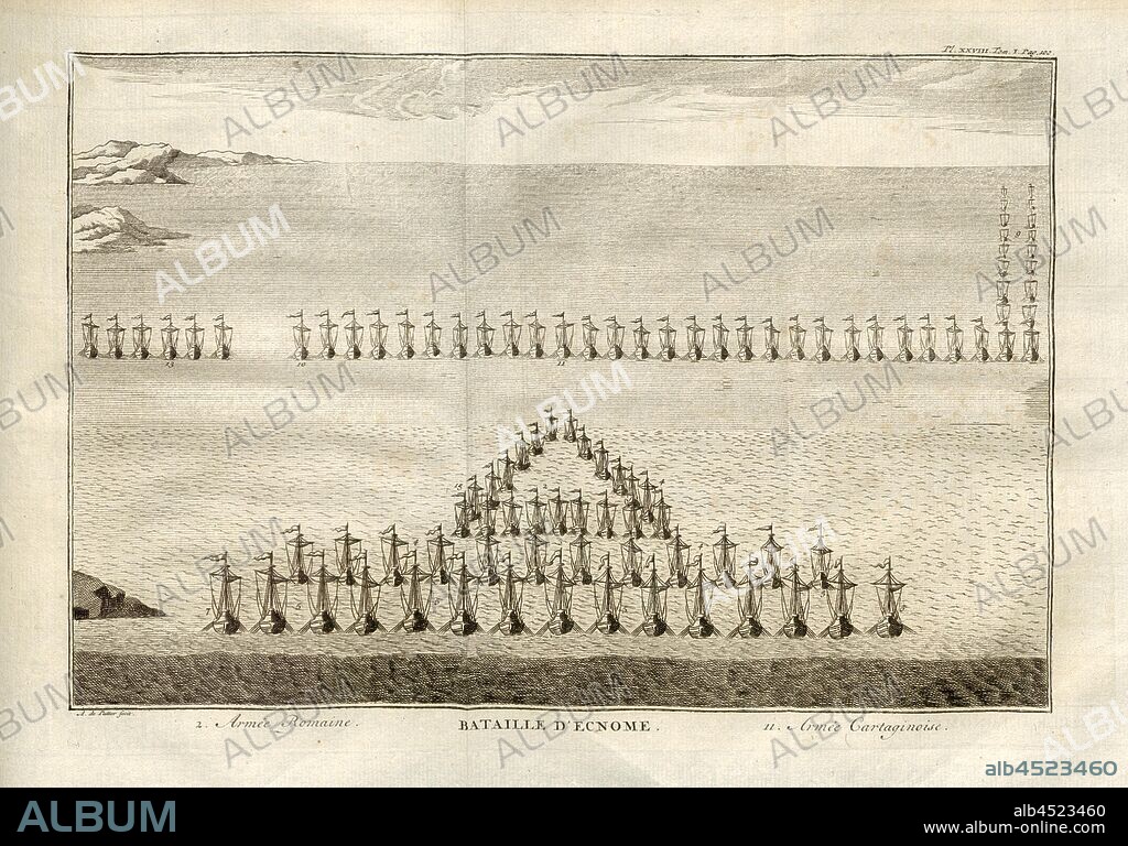 Battle of Ecnome, Arrangement of the warships at the Battle of Ecnomos, in which the Roman fought against the Carthaginian army, signed: A. de Putter fecit, Pl. XXVIII, Tom., I, Pag., 100, after p. 100, Putter, A. de (fec.);, 1774, Polybius; Vincent Thuillier; Jean Charles de Folard: Histoire de Polybe. Tome 1; Amsterdam: Arkstée et Merkus, MDCCLXXIV [1774].