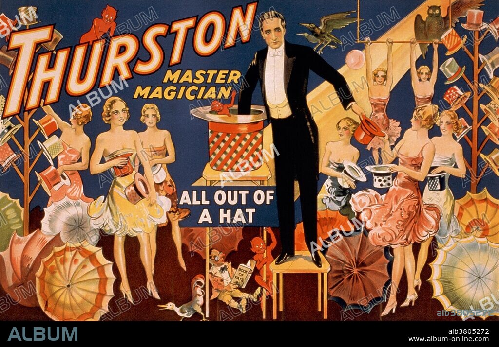 Entitled: "Thurston, master magician all out of a hat" lithograph poster, 1910. Howard Thurston (July 20, 1869 - April 13, 1936) was an American stage magician. His childhood was unhappy and he ran away to join the circus, where his future partner Harry Kellar also performed. Thurston was deeply impressed after he attended magician Alexander Herrmann's magic show and was determined to equal his work. He eventually became the most famous magician of his time. His traveling magic show was the biggest one of all; it was so large that it needed eight train cars to transport his road show. He is still famous for his work with playing cards. He continued presenting the Thurston-Kellar Show following the retirement of Kellar. The Thurston show became an institution. He kept up the grind for about thirty years until, on March 30, 1936, he suffered a stroke from a cerebral hemorrhage. He died two weeks later at the age of 66. His death was attributed to pneumonia.