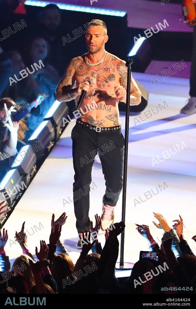 February 3, 2019 - Atlanta, GA, U.S. - ATLANTA, GA - FEBRUARY 03: A shirtless Adam Levine performs during the Pepsi Halftime Show during Super Bowl LIII between the Los Angeles Rams and the New England Patriots on February 3, 2019 at Mercedes Benz Stadium in Atlanta, GA. (Photo by Rich Graessle/Icon Sportswire. 03/02/2019