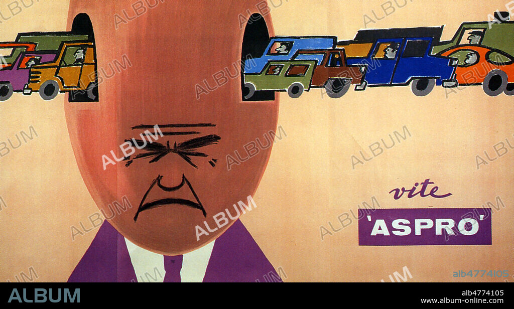 RAYMOND SAVIGNAC. 'Vite Aspro' pour soigner la migraine d'un homme qui a un veritable embouteillage dans le crane. Illustration par SAVIGNAC (1907-2002 = ADAGP) pour une affiche publicitaire de 1963. Credit : Collection IM/KHARBINE-TAPABOR.