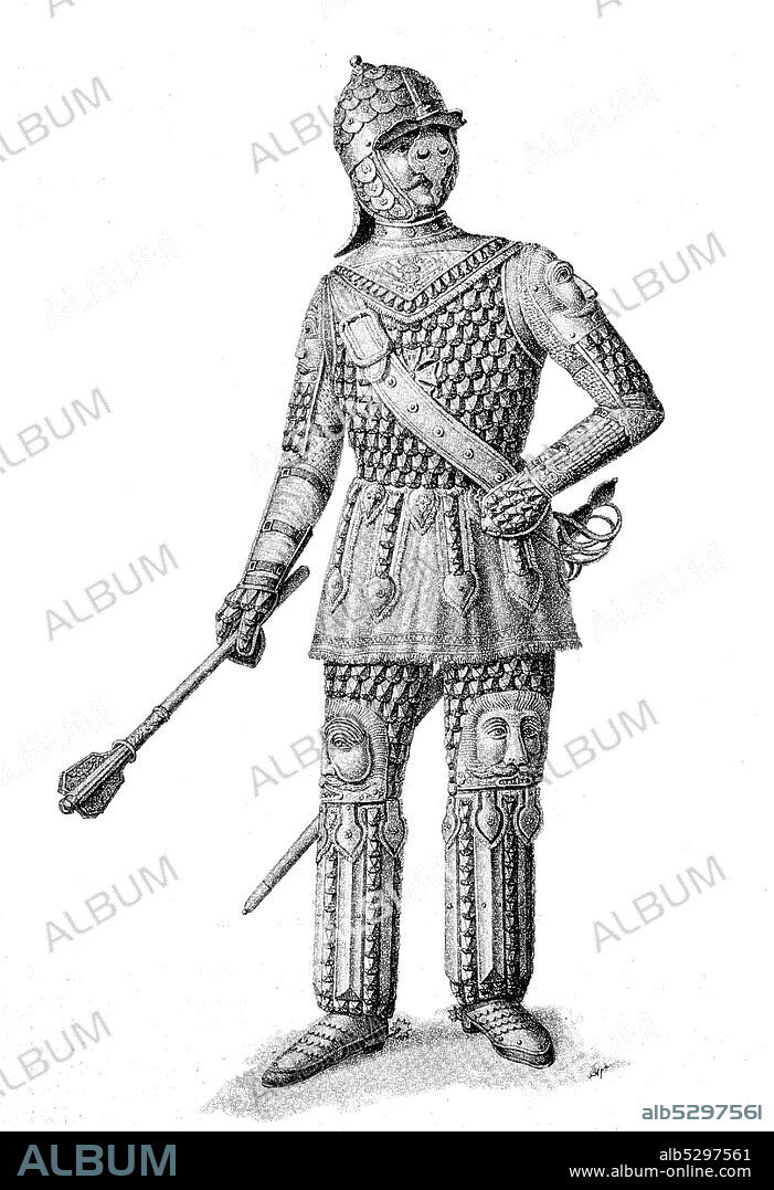 Parade armor of a Polish nobleman from the 16th century, armor and helmet from iron scales, decorations from gold-plated copper, Poland.