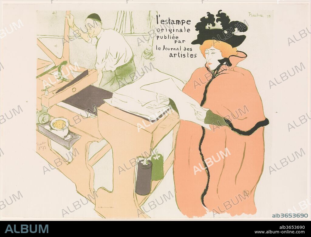 Cover for L'Estampe originale, Album I, publiée par les Journal des Artistes. Artist: Henri de Toulouse-Lautrec (French, Albi 1864-1901 Saint-André-du-Bois). Dimensions: Sheet: 23 in. × 32 5/8 in. (58.4 × 82.8 cm)
Image: 22 1/4 × 25 11/16 in. (56.5 × 65.2 cm). Printer: Edward Ancourt (French, 19th century). Publisher: André Marty (French, born 1857). Series/Portfolio: L'Estampe originale, Album I. Date: 1893.
Print albums were a popular means for dealers and publishers to promote the work of artists. These portfolios ranged widely in quality and price and offered collectors a preassembled and expertly chosen selection of contemporary art. Published from 1893 to 1895, L'Estampe Originale was among the most popular examples of the genre, in spite of its short lifespan. Toulouse-Lautrec's cover for the inaugural edition shows the expert printer Père Cotelle presenting cabaret performer Jane Avril with a newly printed artwork. In this depiction of his two close friends, Toulouse-Lautrec intended to suggest the modernity and stylishness of lithography during the 1890s.