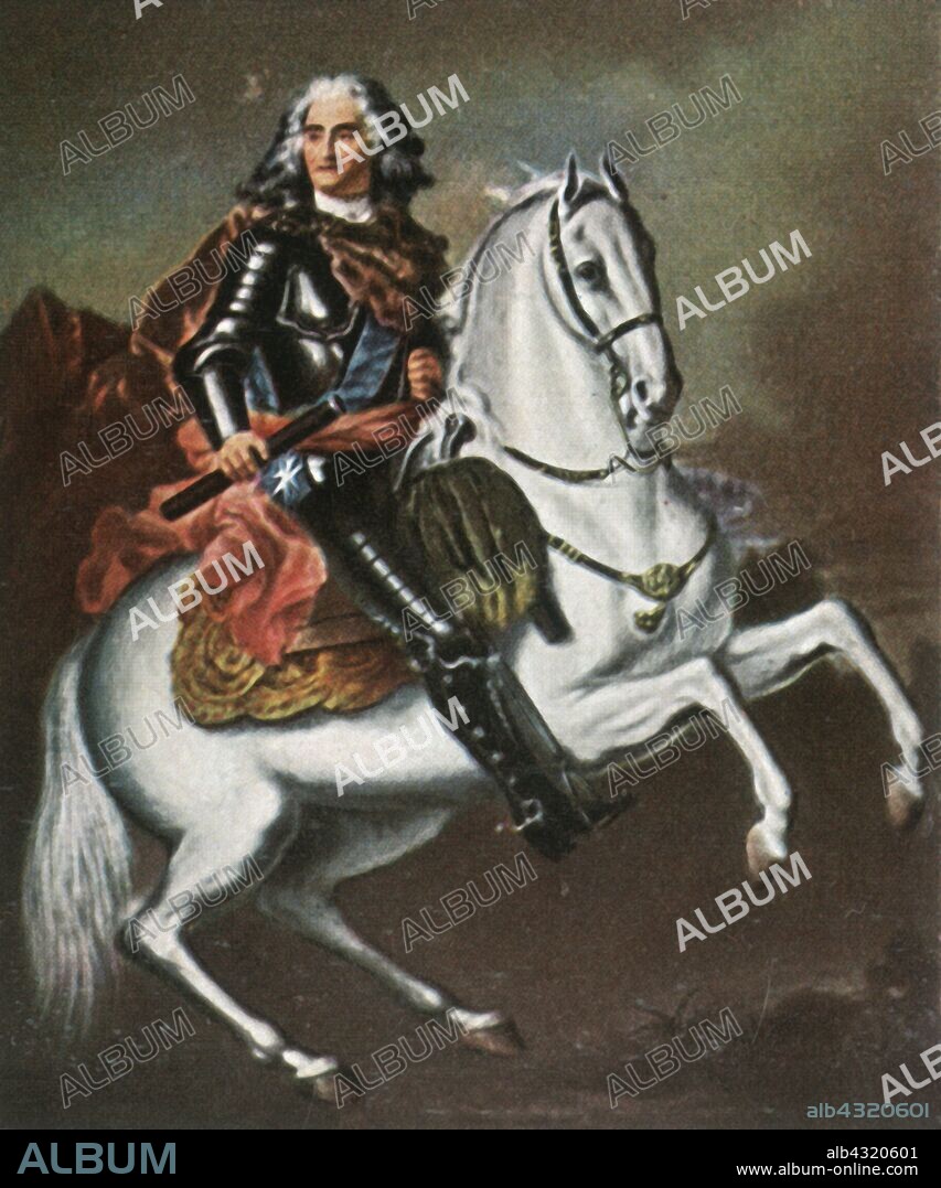 Augustus II the Strong, 1718, (1936). 'August Der Starke'. Portrait of Augustus II the Strong (1670-1733), Elector of Saxony as Frederick Augustus I, Imperial Vicar and elected King of Poland and Grand Duke of Lithuania. From "Bilder Deutscher Geschichte", (Pictures of German History), No.12, cigarette card album. [Cigaretten-Bilderdienst, Altona-Bahrenfeld, Hamburg, Germany, 1936].