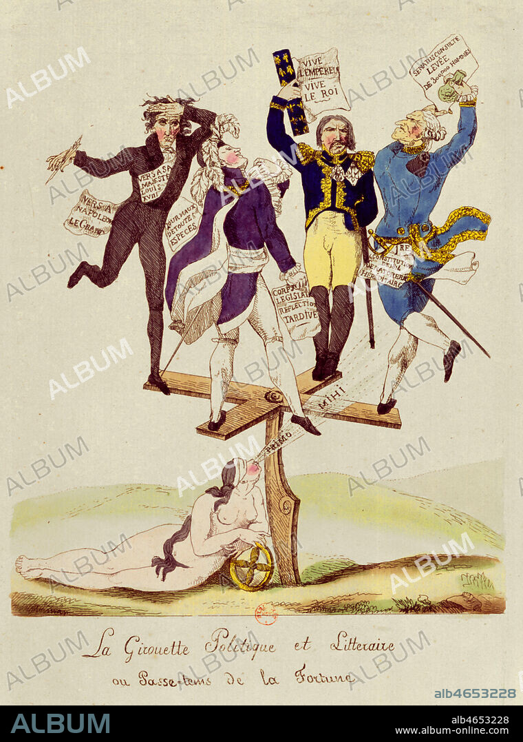 ' La girouette politique ou litteraire ou passe-temps de la fortune.' Juin 1814, sous la premiere restauration. Gravure a l'eau forte anonyme. Credit : Collection Kharbine-Tapabor.