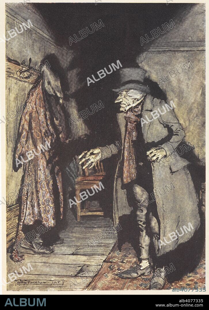 CHARLES DICKENS. Scrooge in his house at night. A Christmas Carol ... Illustrated by Arthur Rackham. London; J. B. Lippincott Co. Philadelphia : Wiiliam Heinemann, 1915. 'Nobody under the bed; nobody in the closet; nobody in his dressing-gown, which was hanging up in a suspicious attitude against the wall.'. Source: 012622.g.37. opposite page 20.