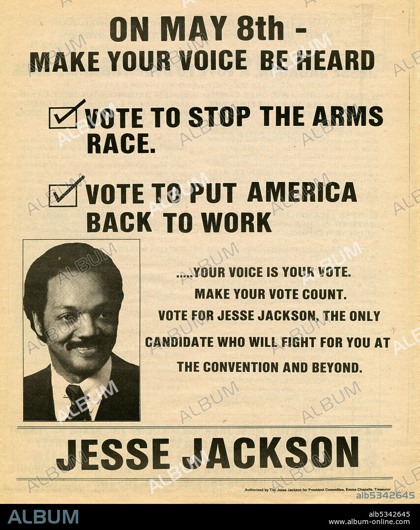Four-page newspaper insert outlining Jesse Jackson's 1984 Presidential platform and campaign pledges. African-American political activist, Baptist minister, and politician Rev. Jesse Jackson (born 1941) was a candidate for the US Democratic presidential nomination in 1984 and 1988, and served as a shadow senator for the District of Columbia from 1991 to 1997.