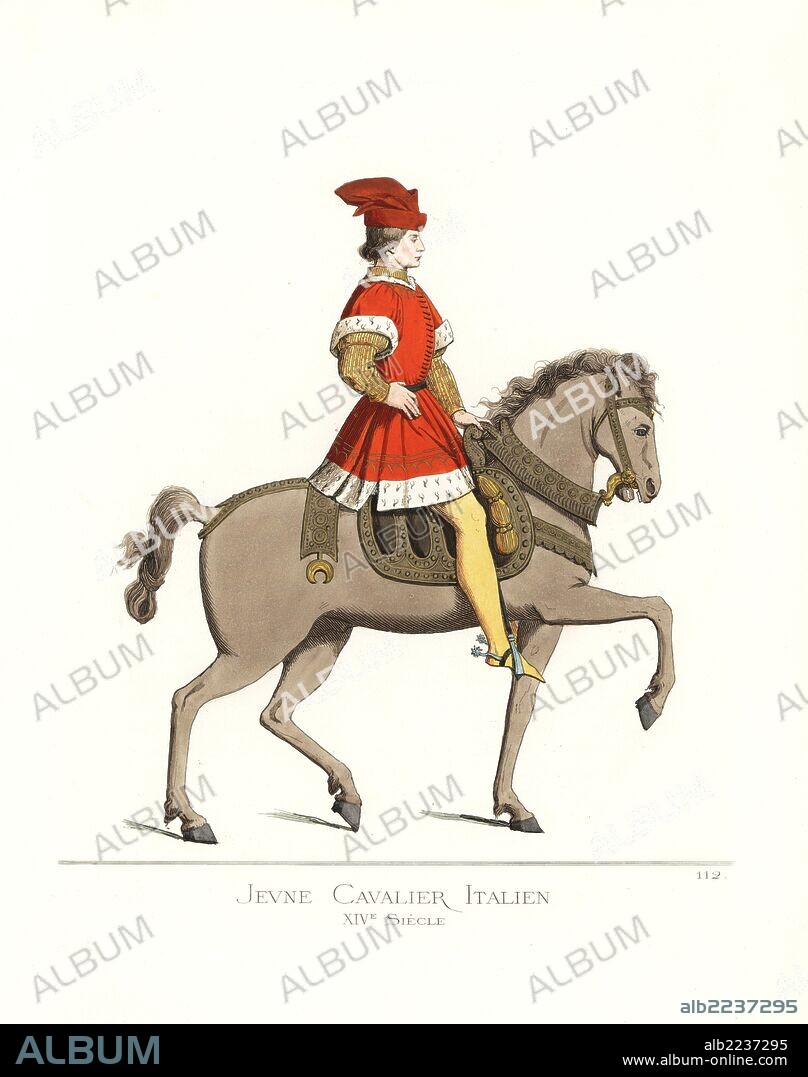 Costume of a young Italian cavalry man, 14th century. He wears a scarlet bonnet, scarlet tabard bordered in gold and ermine, black belt, yellow stockings, and iron spurs. From a painting by Francesco Vanni of Petrarch's "Triumph of Death" in the Academy of Fine Arts, Siena. Handcoloured illustration drawn and lithographed by Paul Mercuri with text by Camille Bonnard from "Historical Costumes from the 12th to 15th Centuries," Levy Fils, Paris, 1861.