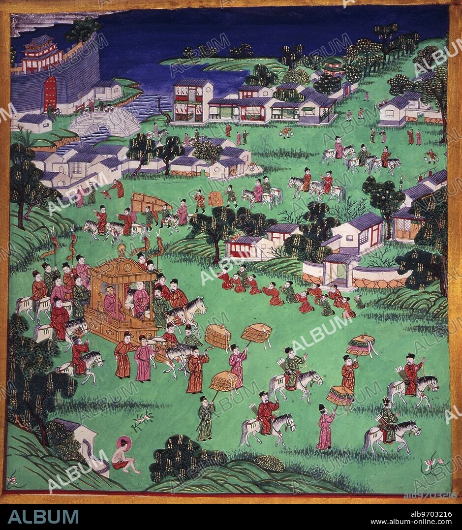 The Great Departure, 1818. Prince Siddhartha, the future Buddha, leaves the palace of his birth. Painting from an album of scenes from the Life of the Buddha ('Shijia rulai yinghua shiji').