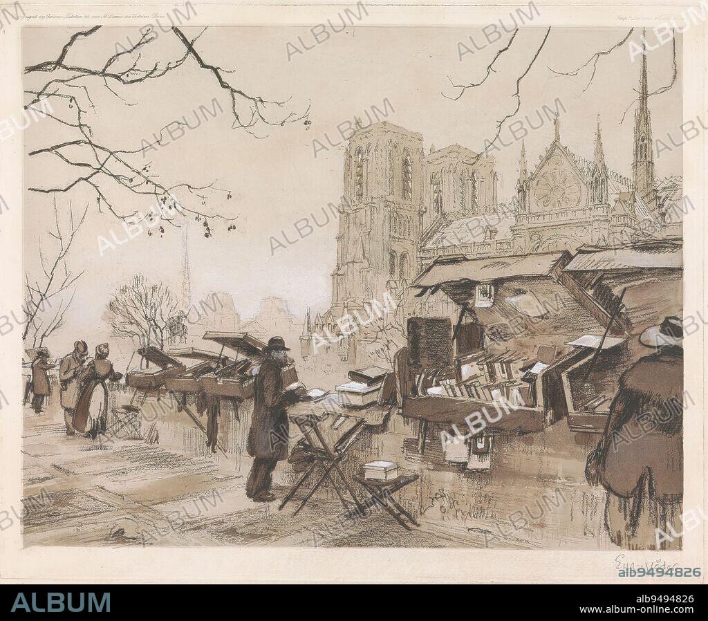 View of the Quai de Montebello in Paris, View of the Quai de Montebello with bookstalls on the quay wall. In the background the Notre-Dame., print maker: Eugène Véder, (signed by artist), printer: Leblanc & Trautmann, (mentioned on object), Paris, 1886 - 1936, paper, brush, height 292 mm × width 358 mm.