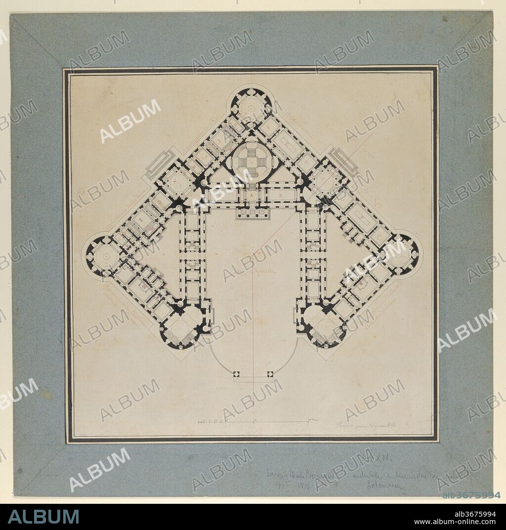 Floor Plan for a Royal Palace. Artist: Jacques Charles Bonnard (French, 1765-1818). Dimensions: 14 5/16 x 14 3/16 in. (36.4 x 36.1 cm). Date: ca. 1780-90.
