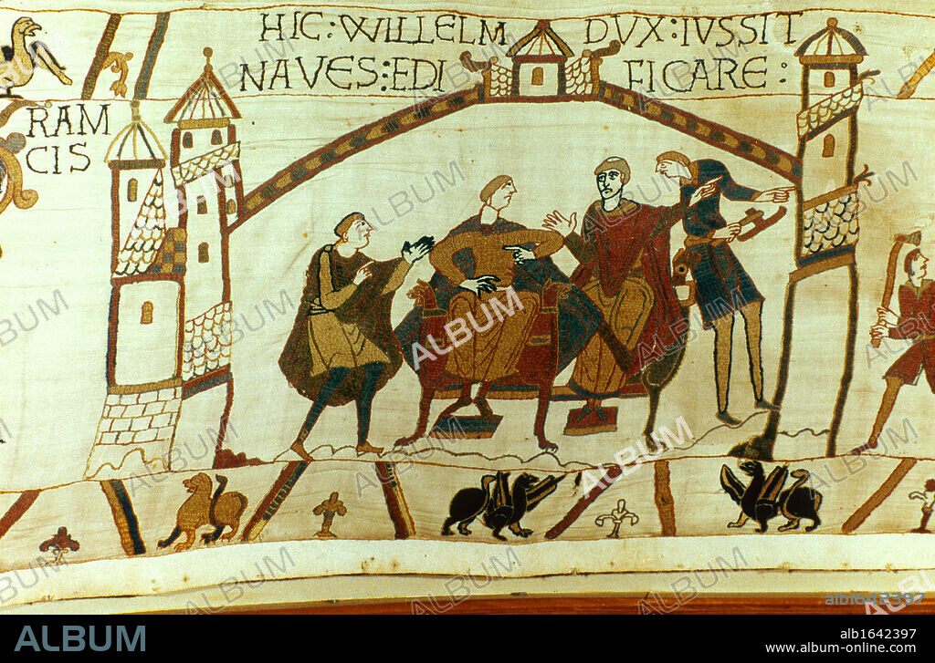 Bayeux Tapestry 1067. William of Normandy (William the Conqueror) told of the death of Edward the Confessor and the crowning of Harold II as king of England. Sitting on right is William's half-brother Bishop Odo of Bayeux. Textile.
