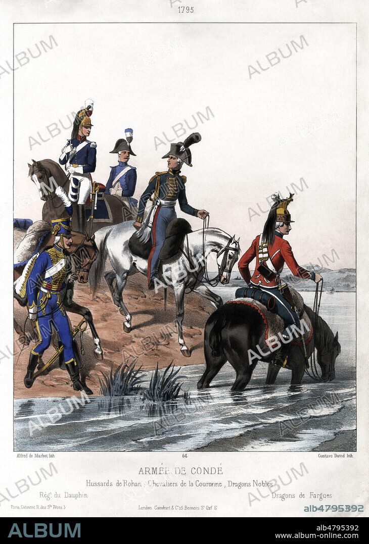 Cavalerie de l'Armee emigree de CONDE en 1795 : Regiment du Dauphin, Hussards de Rohan, Chevaliers de la Couronne, Dragons Nobles Dragons de Fargues. Illustration de Alfred de MARBOT, Gustave DAVID vers 1840. Credit : Collection Jonas/Kharbine-Tapabor.