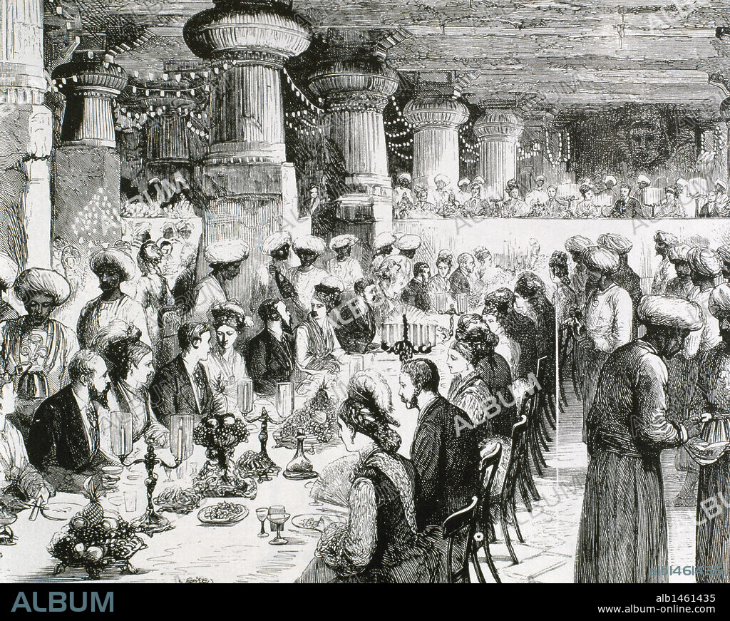 HENRY WILLIAM BREWER. COLONIALISMO INGLES. S. XIX. EL VIAJE A LA INDIA DEL PRINCIPE DE GALES. Gran cena de gala celebrada en el templo subterráneo de Elephanta, cerca de Bombay, con motivo de la visita del Príncipe. Grabado.