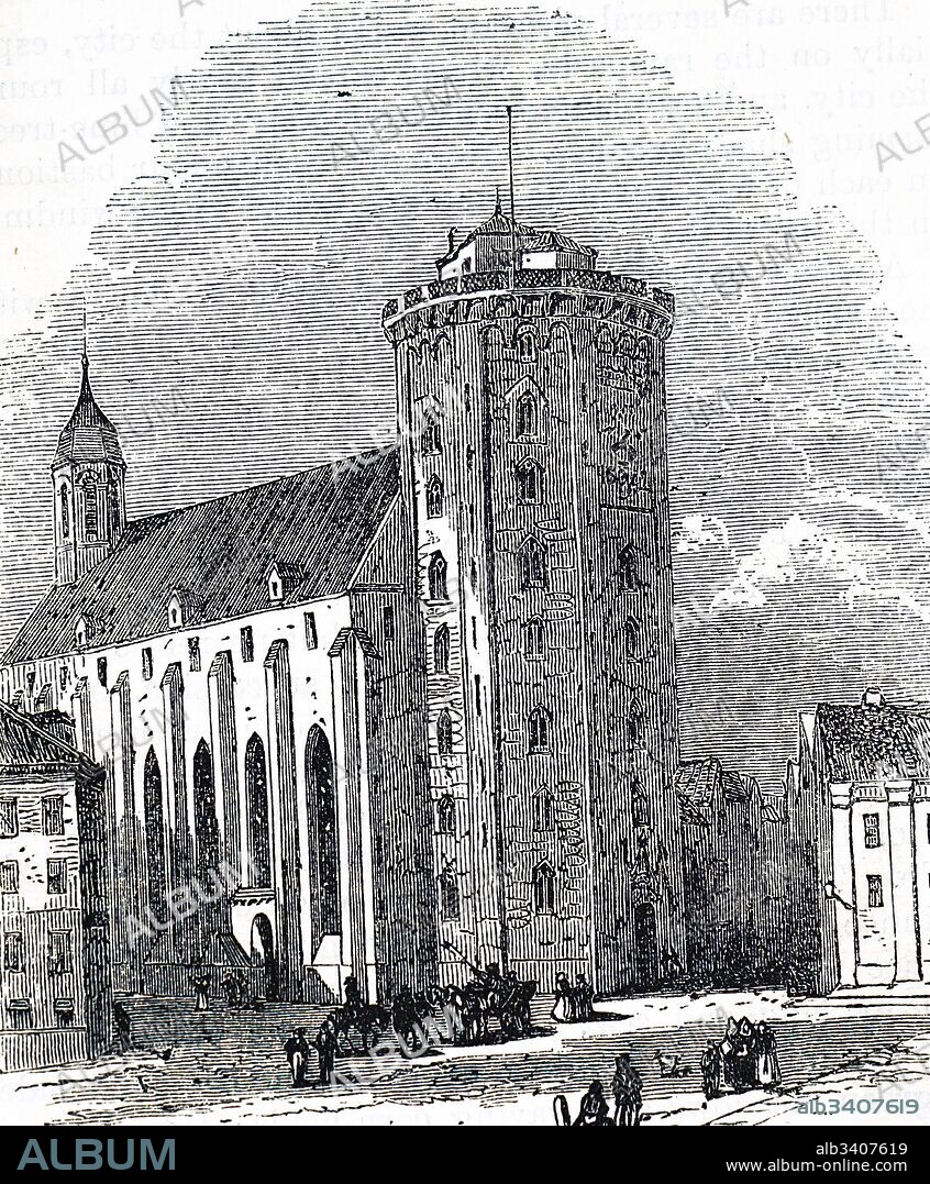 Engraving depicting the Rundetaarn, a 17th-century tower located in central Copenhagen, Denmark. One of the many architectural projects of Christian IV, it was built as an astronomical observatory. Dated 19th Century.