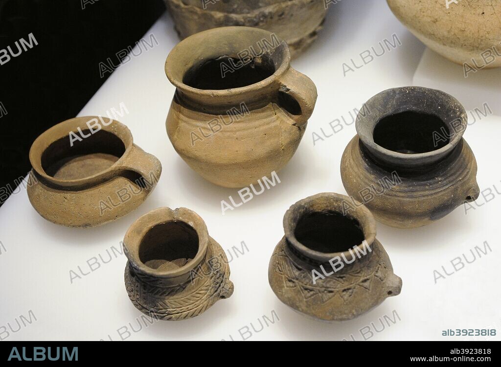 Cultura de los Campos de Urnas. Vasos cerámicos. Bronce Final. Roquizal del Rullo (Fabara, provincia de Zaragoza, Aragón). Museo Arqueológico Nacional. Madrid. España.