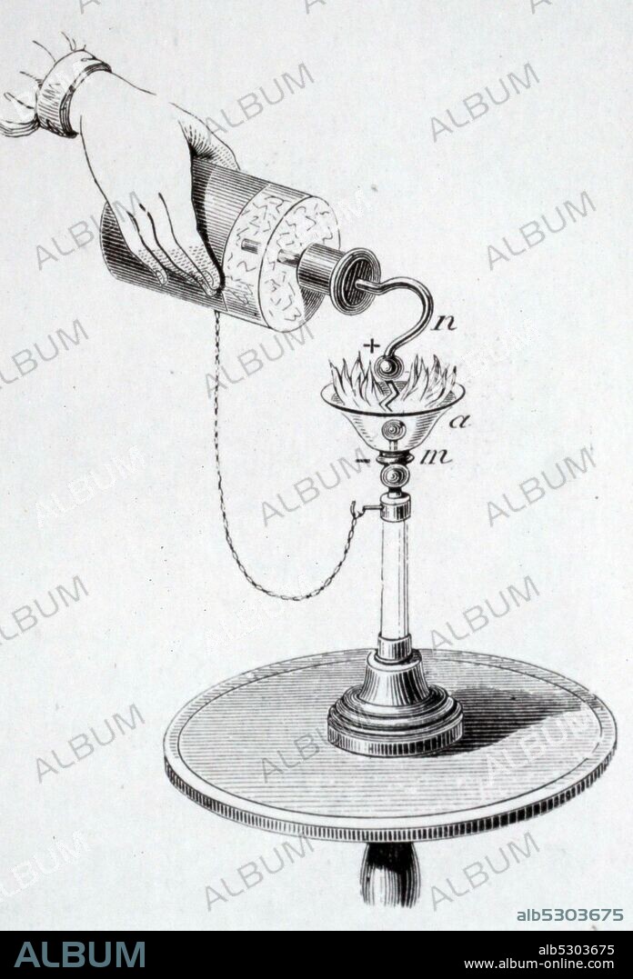 Engraving depicting the use of a spark created by the discharge of a Leyden Jar.