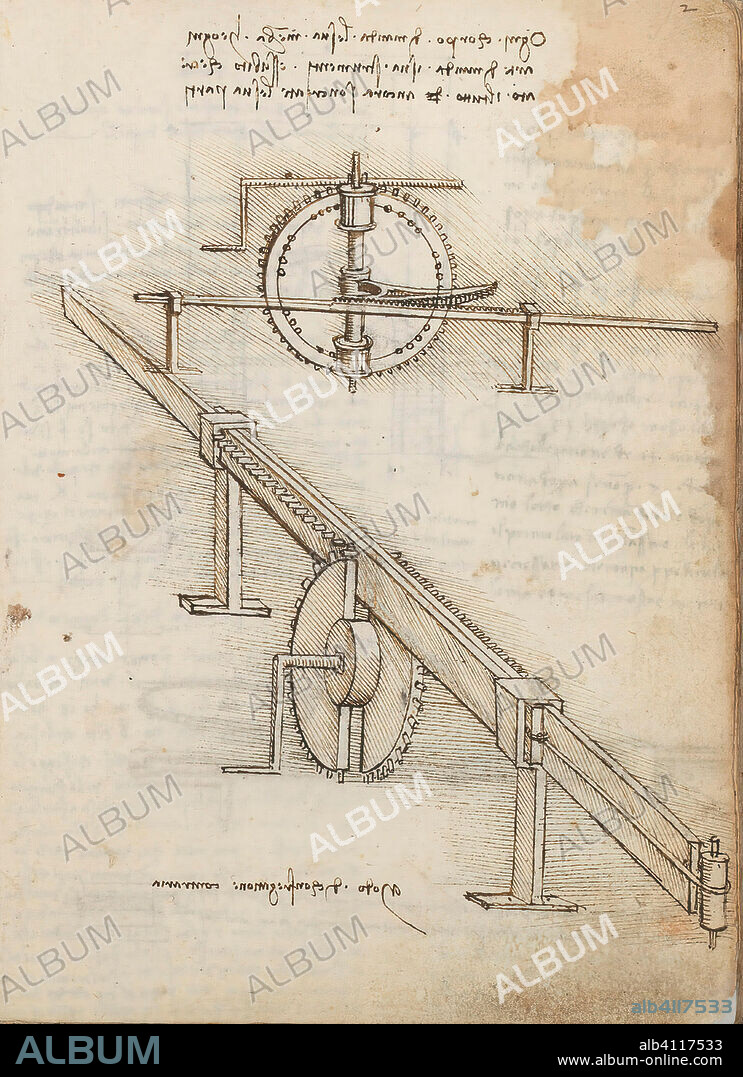 LEONARDO DA VINCI. Folio f 2r. Codex Madrid I (Mss. 8937) "Tratado de estática y mecánica". 192 folios (384 págs.); formato interior: 215 x 145 mm. MECÁNICA APLICADA (COMPONENTES). PRINCIPIOS DE MECÁNICA, CINEMÁTICA, DINÁMICA.