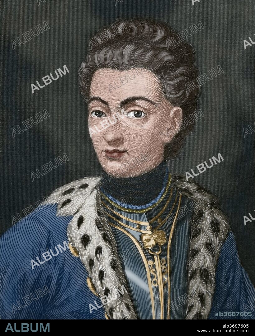 Carlos XII (Estocolmo, 1682-Fredrickshald, 1718). Rey de Suecia (1697-1718). Desde 1700 mantuvo guerras contra los daneses, los rusos y los polacos. En 1709 los rusos le vencieron y se refugió en Turquía. Recuperó Suecia en 1718 y murió al conquistar Noruega. Grabado del siglo XIX. Coloreado.