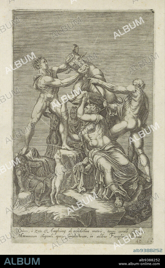 Sculpture of Dirce being tied to a bull, Farnese Bull, Dirces, à zeto et Amphione ob vindictam matris (...) (title on object), Antique sculptures in Rome (series title), Antiquarum statuarum urbis Romae quae in publicis locis visuntur icones (series title), Antique sculpture known as the Farnese Bull. The brothers Amphion and Zethus tie the braided hair of Dirce to the horns , print maker: anonymous, publisher: Andrea Vaccari, print maker: Italy, publisher: Rome, 1584, paper, engraving, height 224 mm × width 135 mm.
