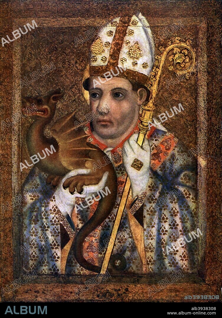 'St Hilary', 1365-1367 (1955). Hilary (300-367) was bishop of Pictavium (Poitiers) and considered an eminent doctor of the Western Christian Church. Theodoric's magnum opus is a collection of panel and wall paintings of saints, prophets and angels, commissioned by King Charles IV of Bohemia for the Chapel of the Holy Cross at Karlstejn Castle. A print from Gothic Painting in Bohemia 1350-1450, by Antonin Matejcek and Jaroslav Pesina, Artia Prague, 1955.