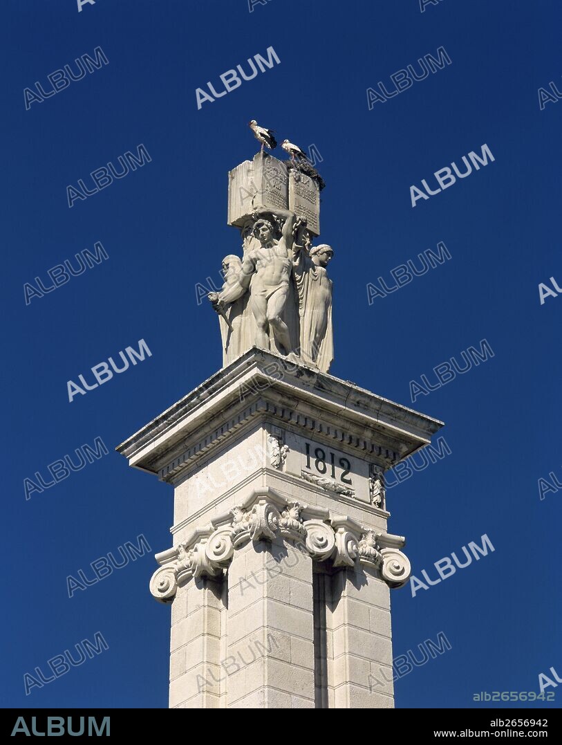 Spain, Andalusia, Cadiz. Monument to 1812 Constitution. It was erected in 1912, designed by architect Modesto Lopez Otero (1885-1962) and sculptor Aniceto Marinas (1866-1953). Pillar. Upper part. Spain Square.