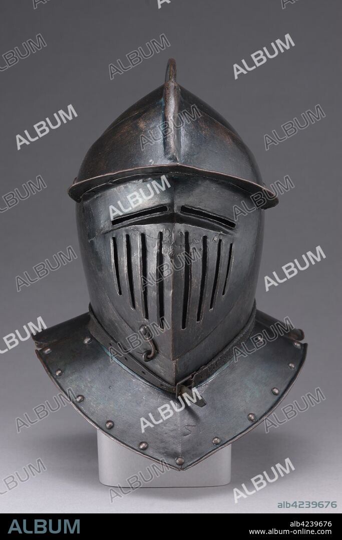 Cuirassier's Armor: Helmet, c. 1600-1620. Austria, Graz(?), early 17th century. Steel (originally blued, now black); leather straps; overall: 171.4 cm (67 1/2 in.).