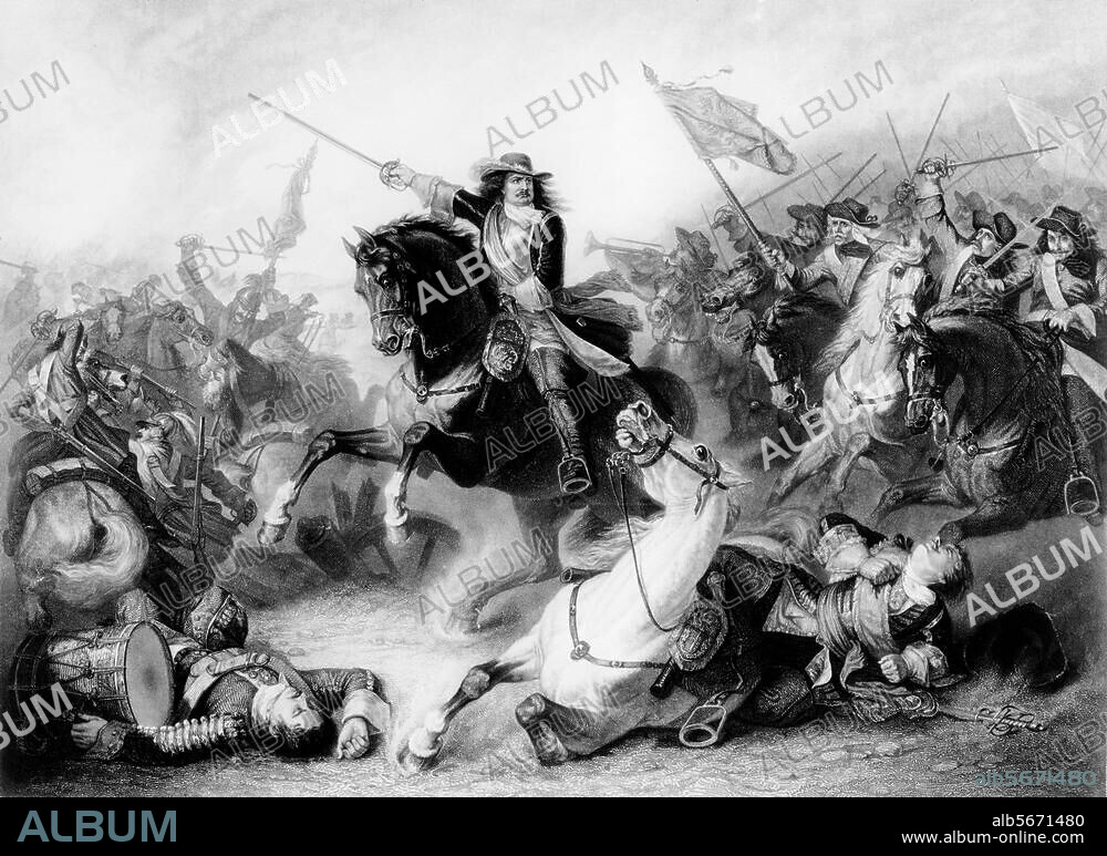 Friedrich Wilhelm, Kurfürst von Brandenburg (der Große Kurfürst), 1620-1688. "Der Große Kurfürst bei Fehrbellin". (28. Juni 1675; Schlacht bei Fehrbellin; Sieg über die Schweden unter Waldemar Wrangel). Stahlstich von Paul Sigismund Habelmann. (1823-1890) nach Gemälde, 1846, von Adolf Eybel (1808-1882). Pl. 53 × 70 cm. Berlin, Sammlung Archiv für Kunst und Geschichte.