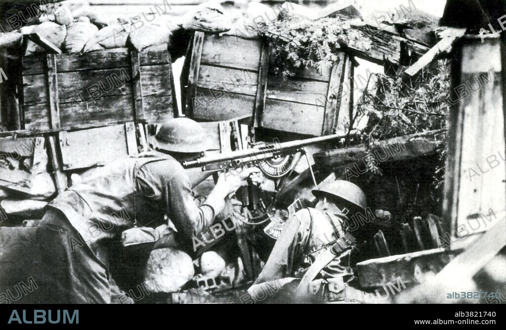 American infantrymen fires his 7.7mm Chauchat light machine gun. His Number Two holds the distinctive magazine." The Chauchat (Fusil Mitrailleur Modele 1915 CSRG) was the standard machine rifle or light machine gun of the French Army during WWI. At the outbreak of the war, the United States pursued a policy of non-intervention, avoiding conflict while trying to broker a peace. After the sinking of seven U.S. merchant ships by submarines, Wilson called for war on Germany, which the Congress declared on April 6, 1917. The United States was never formally a member of the Allies but became a self-styled "Associated Power". The United States had a small army, but, after the passage of the Selective Service Act, it drafted 2.8 million men, and, by summer 1918, was sending 10,000 fresh soldiers to France every day. The AEF helped the French Army on the Western Front during the Aisne Offensive (at Chateau-Thierry and Belleau Wood) in June 1918, and fought its major actions in the Saint-Mihiel and Meuse-Argonne Offensives in late 1918. At 11 o'clock in the morning of the 11th day of the 11th month of 1918, the WWI, known at the time as the Great War, came to an end.