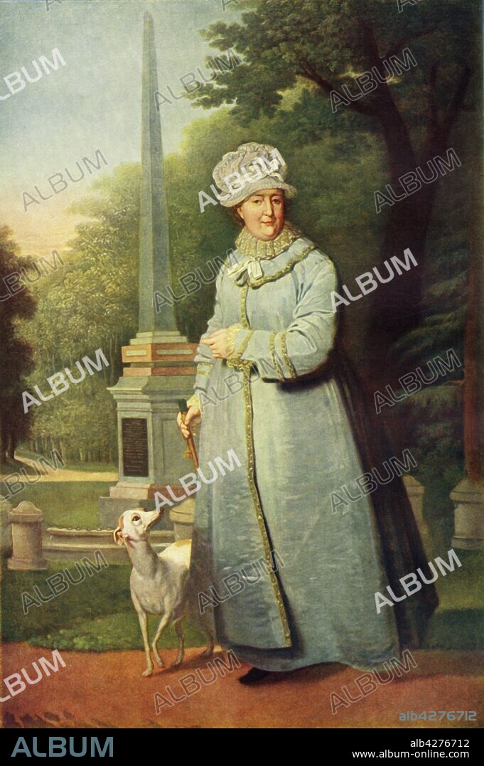 VLADIMIR BOROVIKOVSKY. 'Portrait of Katherine II in the Tsarskoye Selo Park', c1810, (1965). 'Catherine II during a walk in the Tsarskoselsky Park'. Catherine II (1729-1796) came to the throne in 1762. A German princess, Catherine was chosen at the age of 14 to be the wife of Peter III of Russia. The marriage was a failure and Catherine conspired with a group of nobles including her lover, Count Orlov, to depose the Tsar with Catherine ruling in his stead. Her reign saw Russia take an increasing role in European affairs and expand its empire with the addition of the Crimea and much of Poland. Painting completed after Catherine's death, in the State Russian Museum, St Petersburg. From "Russian Painting of the 18th and 19th Centuries" by Vladimir Fiala. [Artia, Czechoslovakia, 1965].