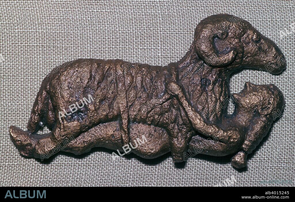 Archaic bronze of Odysseus and a ram, escaping from the cave of Polyphemus. In the Delphi Museum in Greece.