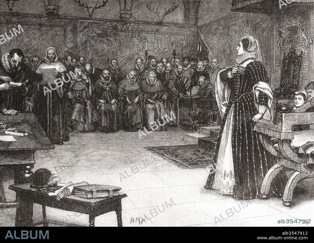 The trial of Mary Queen of Scots in Fotheringhay Castle, Northamptonshire, England, 1586. Mary, Queen of Scots, 1542 – 1587, aka Mary Stuart or Mary I of Scotland. Queen regnant of Scotland and queen consort of France. From The Century Edition of Cassell's History of England, published 1901.