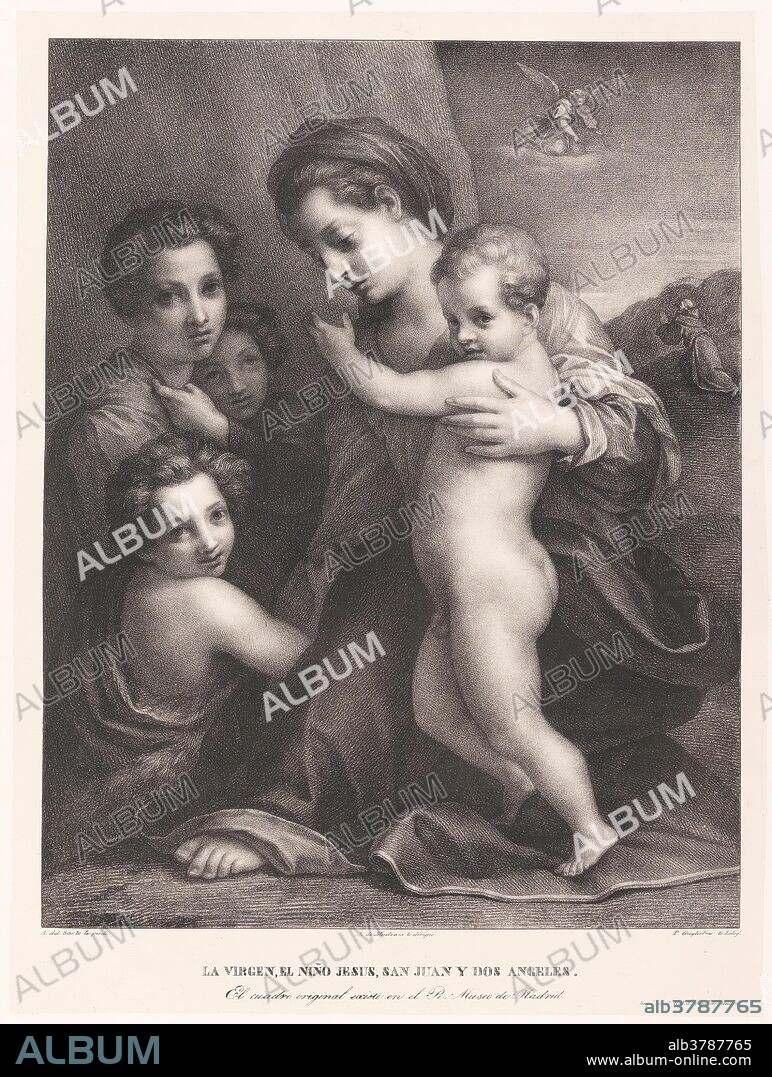 JOSE DE MADRAZO Y AGUDO y PAOLO GUGLIELMI. Paolo Guglielmi (Litógrafo) (Autor de la obra original Sarto, Andrea del); José de Madrazo y Agudo (Director); Real Establecimiento Litográfico de Madrid (Impresor) / 'La Virgen con el Niño, San Juan y ángeles'. 1829 - 1832. Aguatinta litográfica, Litografía a lápiz sobre papel avitelado, 625 x 475 mm.