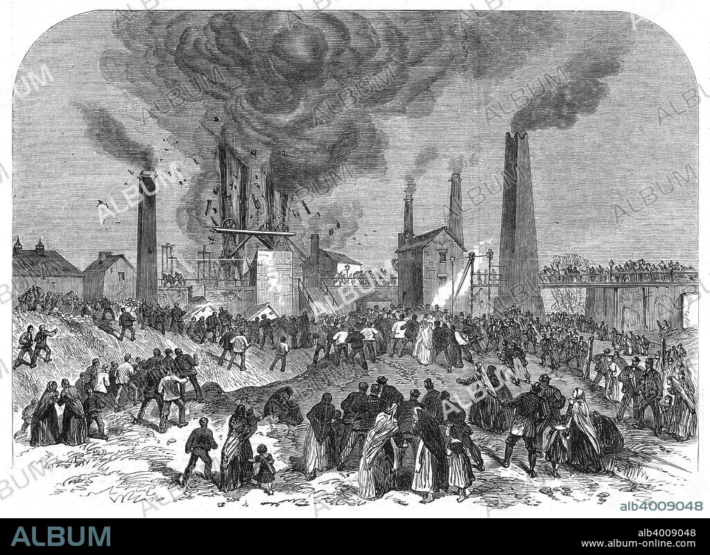 Coal mining disaster, Oaks Colliery, Barnsley, Yorkshire, December 1866. 350 people were killed in the disaster including a number who perished in the second and third explosions while they were searching for survivors and bodies. This pithead scene shows debris being blasted out of the pitshaft by the second explosion, to the dismay of a crowd of coal miners and relatives hoping for news of their colleagues and loved ones. From The Illustrated London News. (London, 22 December 1866).