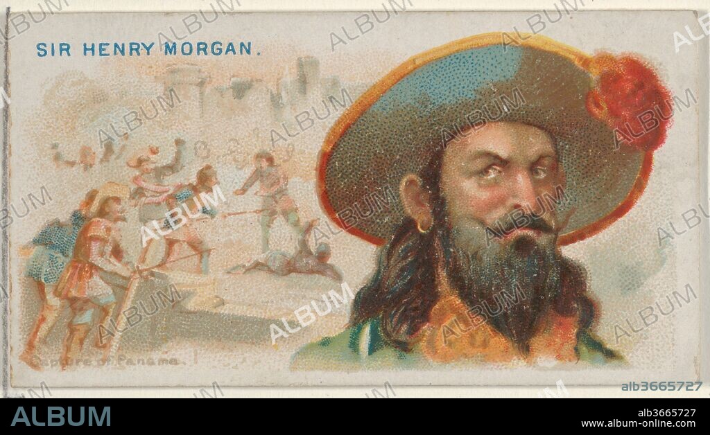 Sir Henry Morgan, Capture of Panama, from the Pirates of the Spanish Main series (N19) for Allen & Ginter Cigarettes. Dimensions: Sheet: 1 1/2 x 2 3/4 in. (3.8 x 7 cm). Lithographer: George S. Harris & Sons (American, Philadelphia). Publisher: Allen & Ginter (American, Richmond, Virginia). Date: ca. 1888.
Trade cards from the "Pirates of the Spanish Main" series (N19), issued ca. 1888 in a set of 50 cards to promote Allen & Ginter brand cigarettes.