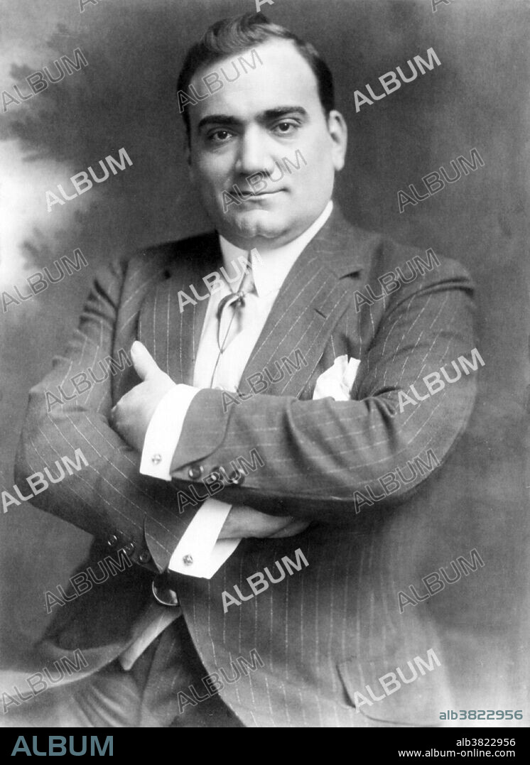 Enrico Caruso (February 25, 1873 - August 2, 1921) was an Italian operatic tenor. His 25 year career, stretching from 1895 to 1920, included 863 appearances at the New York Metropolitan Opera. Thanks in part to his tremendously popular phonograph records, Caruso was one of the most famous personalities of his day and his fame has endured to the present. He was one of the first examples of a global media celebrity. Caruso made more than 260 extant recordings in America for the Victor Talking Machine Company (later RCA Victor) from 1904-20, and he earned millions of dollars in royalties from the retail sales. A fastidious dresser, Caruso took two baths a day and liked good Italian food and convivial company. He was superstitious and carried good-luck charms with him when he sang. He was a heavy smoker of strong Egyptian cigarettes. This bad habit, combined with a lack of exercise and the punishing schedule of performances that he undertook season after season at the Met, may have contributed to the persistent ill-health which afflicted the last months of his life. He died in 1921 at the age of 48. Photographed at the Laveccha Studio, November 7, 1910.